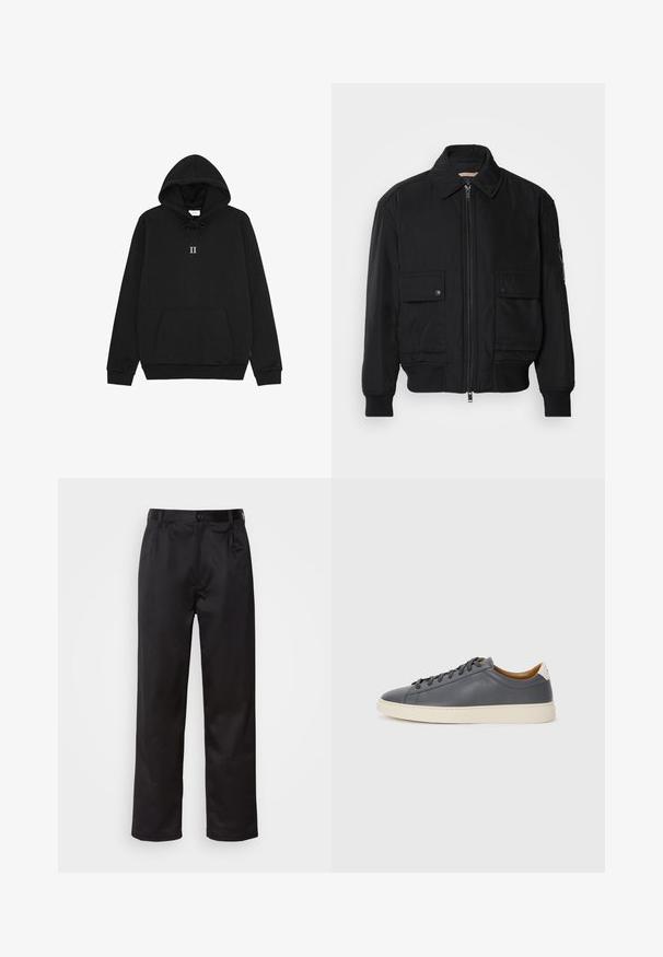 Chaqueta bomber negra de tejido suave y ligero. Cuenta con cierre de cremallera en la parte delantera, dos bolsillos en el pecho con botón y puños acanalados.; Sudadera negra de tejido suave, con capucha ajustable, bolsillo tipo canguro en la parte frontal y un pequeño gráfico "II" en el pecho.; Pantalones negros de tela suave, con cierre delantero de botón, pliegues y patas rectas. Sin patrones ni acentos visibles.; Zapatilla de cuero gris con puntera redonda, suela de goma, cordones planos y acentos de color claro en el talón. Textura suave y diseño minimalista.