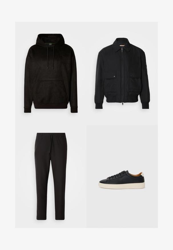 Jaqueta bomber preta feita de um tecido liso e leve. Apresenta um fecho zip à frente, dois bolsos no peito com botão e punhos canelados.; Sweatshirt preto com capuz, feito de tecido macio, apresentando um bolso canguru, cordão e punhos canelados. Textura suave e ajuste descontraído.; Calças de jogging pretas feitas de tecido liso. Apresentam uma cintura elástica com cordão, pernas ligeiramente ajustadas e sem bolsos visíveis. Design simples.; Tenis de couro preto com uma textura suave, sola de borracha bege, design de atar e um destaque no calcanhar em contraste.