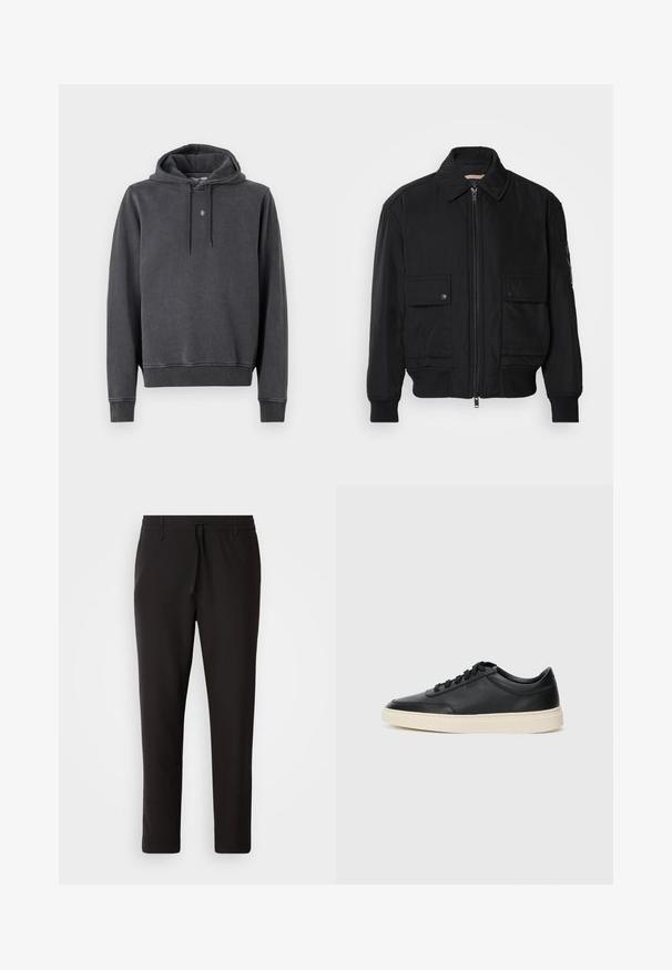 Μαύρο μπουφάν bomber φτιαγμένο από μαλακό, ελαφρύ ύφασμα. Διαθέτει φερμουάρ μπροστά, δύο τσέπες με κουμπιά στο στήθος και ριμπ μανσέτες.; Φόρμα φούτερ με κουκούλα σε σκούρο γκρι, κατασκευασμένη από μαλακό μείγμα βαμβακιού. Διαθέτει τσέπη καγκουρώ, πλεκτές μανσέτες και ένα μικρό λογότυπο στο στήθος.; Μαύρο παντελόνι τζόγκινγκ φτιαγμένο από λείο ύφασμα. Διαθέτει ελαστική μέση με κορδόνι, κωνικά πόδια και χωρίς ορατές τσέπες. Απλός σχεδιασμός.; Μαύρο δερμάτινο σνίκερ χαμηλού προφίλ με μαύρες κορδόνες και ελαφρώς λευκή σόλα, εμφανίζεται σε πλάγια προφίλ σε λευκό φόντο.