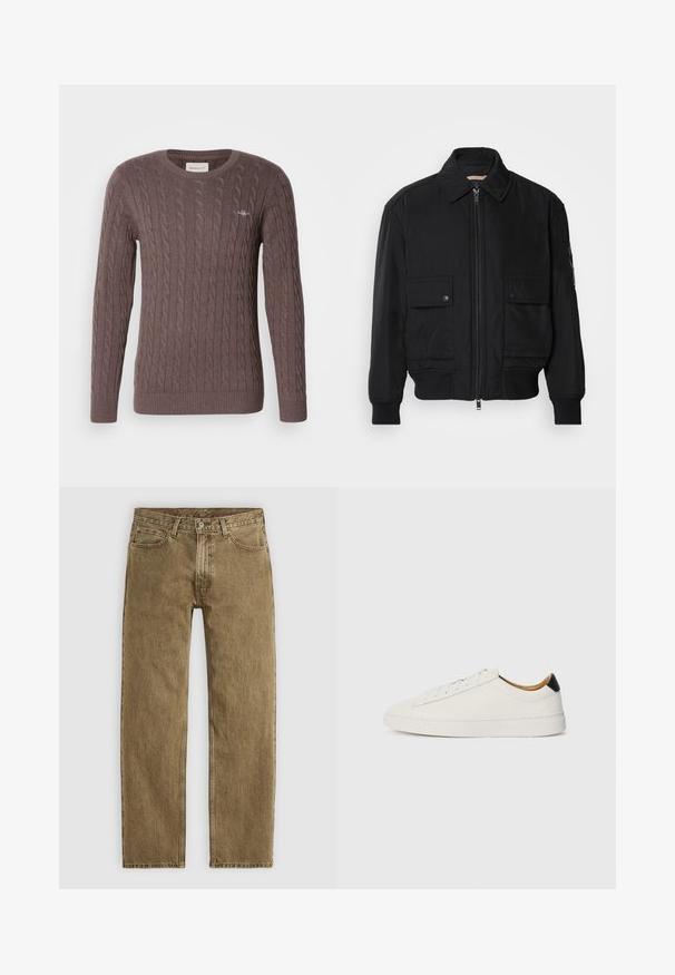 Črna bomberska jakna iz gladkega, lahkega materiala. Ima zadrgo spredaj, dva žepa na prsih s preklopom in rebraste manšete.; Rjav pulover z kabelskim pletenjem in okroglo ovratnikom, dolgimi rokavi ter rebrastimi manšetami in robom. Ima majhen vezen logotip na prsih.; Svetlo rjave jeans hlače s ravnim krojem, zasnovo s petimi žepi in kovinsko opremo v bakreni barvi. Teksturovan material s vidnimi šivi.; Bela tenisa s gladkim usnjem, okroglo konico in ravnim podplatom. Črn poudarek na peti, s toniranim vezalkami in minimalnim označevanjem.