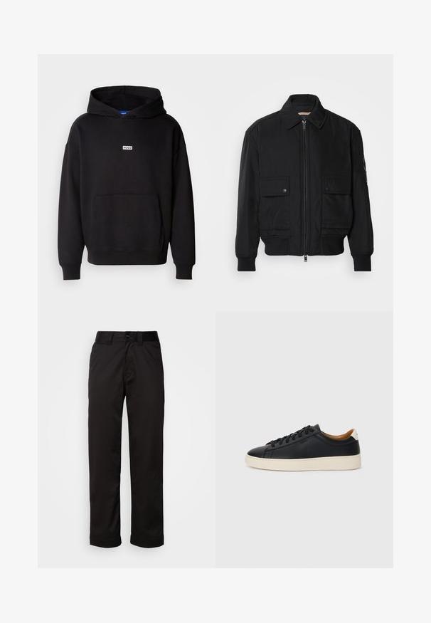 Čierna bomber bunda vyrobená z hladkej, ľahkej látky. Má zips na prednej strane, dve gombíkové vrecká na hrudi a ribbované manžety.; Čierna mikina s kapucňou vyrobená z mäkkej látky, s prednou klokankovou vreckom a malým bielym logom "HUGO" na hrudi.; Čierne nohavice z hladkej látky s predným zipsom, zapínaním na gombík a srolovanými manžetami pre ležérny vzhľad.; Čierne kožené tenisky s hladkou textúrou, béžová gumová podrážka, viazanie a kontrastný akcent na päte.