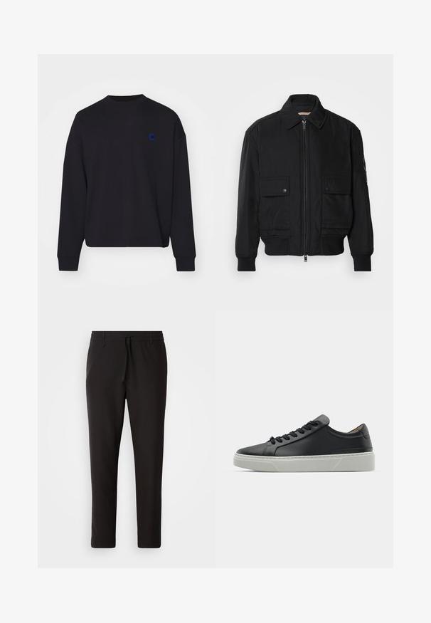 Crna bomberska jakna od glatkog, laganog materijala. Ima zatvarač sprijeda, dva gumbasta džepa na prsima i rebraste manžete.; Crna majica s kapuljačom od pamuka, s okruglim izrezom i slobodnim krojem. Ima mali plavi izvezeni logo na prsima.; Crne jogger hlače od glatkog materijala. Imaju elastičnu waistband s vezicom, sužene nogavice i bez vidljivih džepova. Jednostavan dizajn.; Crne kožne tenisice s glatkom teksturom, okruglim vrhom i crnim čipkastim vezicama. Imaju debeo bijeli gumeni potplat s suptilnim geometrijskim naglascima.