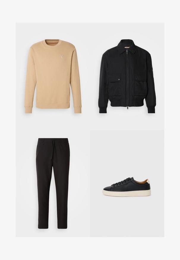Černá bomber bunda vyrobená z hladkého, lehkého materiálu. Má zipový přední díl, dvě kapsy na hrudi s knoflíky a vroubkované manžety.; Beige svetr vyrobený z měkké tkaniny, s kulatým výstřihem, dlouhými rukávy, žebrovanými manžetami a minimalistickou výšivkou loga na hrudi.; Černé teplákové kalhoty vyrobené z hladké látky. Mají elastický pas se šňůrkou, zúžené nohavice a žádné viditelné kapsy. Jednoduchý design.; Černé kožené tenisky s hladkým povrchem, béžovou gumovou podešví, šněrovacím designem a kontrastním akcentem na patě.