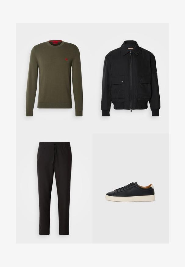 Zwarte bomberjack gemaakt van soepel, lichtgewicht materiaal. Voorzien van een ritssluiting aan de voorkant, twee knoopsluitingen op de borstzakken en geribbelde manchetten.; HUGO SAN CASSIUS - Trui - dark beige; Zwarte joggingsbroek van gladde stof. Kenmerkt zich door een elastische tailleband met een trekkoord, taps toelopende benen en geen zichtbare zakken. Eenvoudig ontwerp.; Zwarte leren sneakers met een gladde textuur, beige rubberen zool, vetersluiting en een contrasterende hielaccent.
