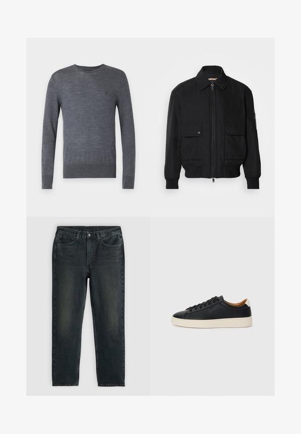 Črna bomberska jakna iz gladkega, lahkega materiala. Ima zadrgo spredaj, dva žepa na prsih s preklopom in rebraste manšete.; AllSaints MODE CREW - Pulover - smith blue; Temno modri traper hlače z ravnim krojem, opremljene s petimi žepi, zadrgo in kontrastnim šivom. Nežna bledica na tkanini.; Črne usnjene superge z gladko teksturo, bež gumijastim podplatom, zavezovalnim dizajnom in kontrastnim nagibom na peti.