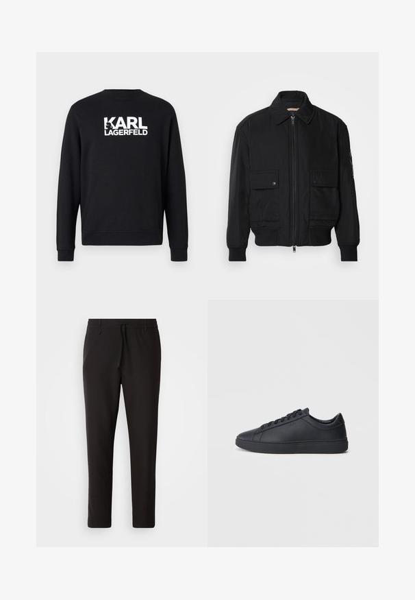 Jaqueta bomber preta feita de um tecido liso e leve. Apresenta um fecho zip à frente, dois bolsos no peito com botão e punhos canelados.; Sweatshirt preto com mangas compridas, gola redonda e punhos canelados. Apresenta o logótipo branco "KARL LAGERFELD" impresso nas costas. Textura suave.; Calças de jogging pretas feitas de tecido liso. Apresentam uma cintura elástica com cordão, pernas ligeiramente ajustadas e sem bolsos visíveis. Design simples.; Ténis pretos feitos de couro liso com um design de cano baixo, bico redondo e sola de borracha plana. Apresentam atacadores e uma marcação discreta.