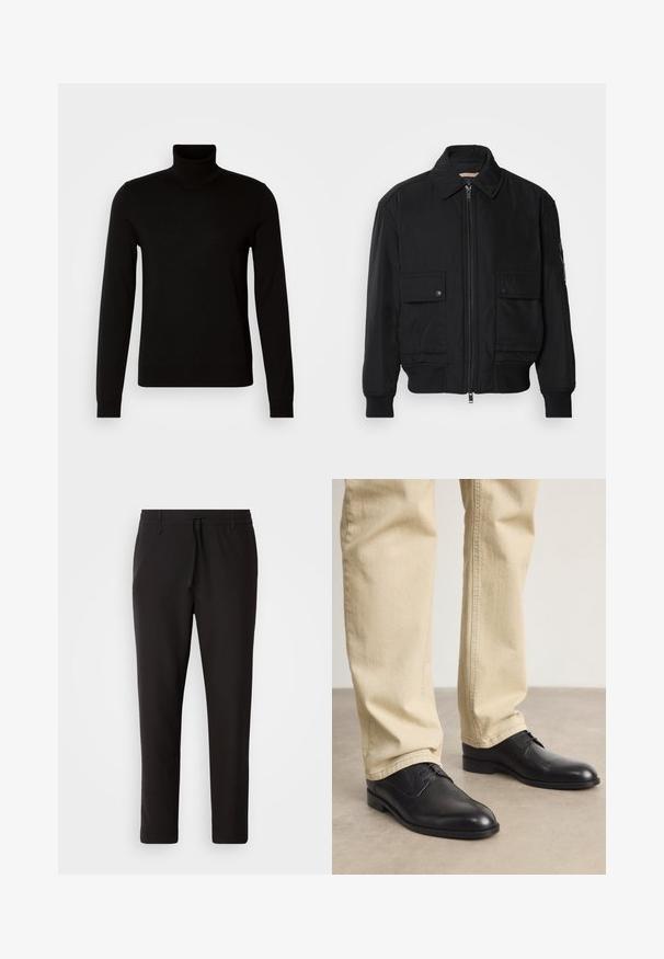 Must mustrakk musth kergestikuti kergemest kuduklett, kergete vestid valjase tormakate. Omab fasadi lukkumist, kahte nööbül pulsiv кофейня ning ribitud käiseid.; Musthave musta kõrge kaelusega kampsun, mis on valmistatud peenest koest, pikkade varrukate ja salehõlvaga. Sile tekstuur ribaga varrukas.; Mustad jogger-püksid, mis on valmistatud siledast kangast. Omavad elastset pihaotsikut koos paelaga, kitsenevaid jalaosi ja nähtamatuid taskuid. Lihtne disain.; Mustad musta nahast nööriga kengad, millel on ümmargune nina, sile viimistlus ja peened õmblusdetailid, kantud heledate beezide pükstega.