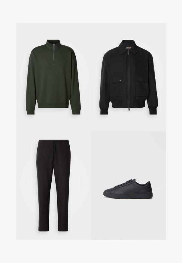 Jaqueta bomber preta feita de um tecido liso e leve. Apresenta um fecho zip à frente, dois bolsos no peito com botão e punhos canelados.; Sweatshirt de pulôver verde escuro com colarinho de zíper até ao quarto, punhos e barra canelados. Apresenta uma discreta marcação "HUGO" na frente. Material suave.; Calças de jogging pretas feitas de tecido liso. Apresentam uma cintura elástica com cordão, pernas ligeiramente ajustadas e sem bolsos visíveis. Design simples.; Ténis pretos feitos de couro liso com um design de cano baixo, bico redondo e sola de borracha plana. Apresentam atacadores e uma marcação discreta.