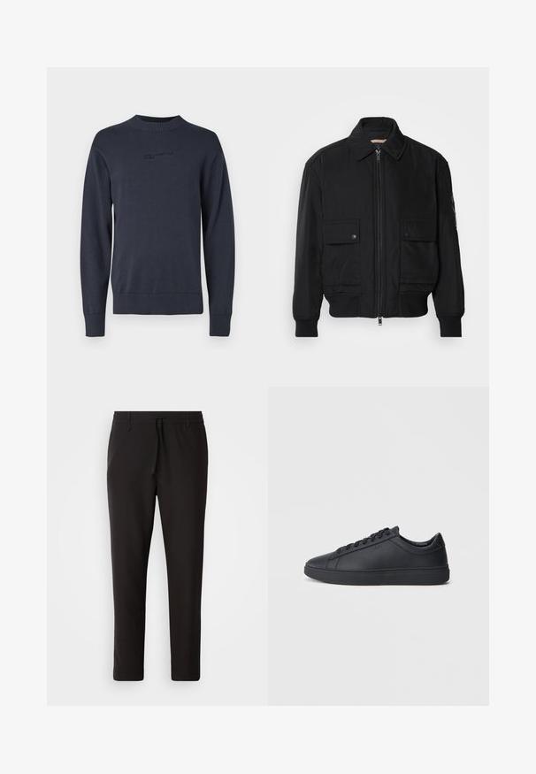 Črna bomberska jakna iz gladkega, lahkega materiala. Ima zadrgo spredaj, dva žepa na prsih s preklopom in rebraste manšete.; Mornarsko pleteno pulover s krožnim izrezom, rebrastimi manšeti in robom, s štampiljko logotipa na prsih; gladka, mehka tekstura.; Črne jogger hlače iz gladkega blaga. Imajo elastičen pas z vrvico, zožane hlačnice in brez vidnih žepov. Enostaven dizajn.; Črne superge iz gladkega usnja z nizkim dizajnom, okroglo konico in ravnim gumijastim podplatom. Imajo vezalke in subtilno blagovno znamko.