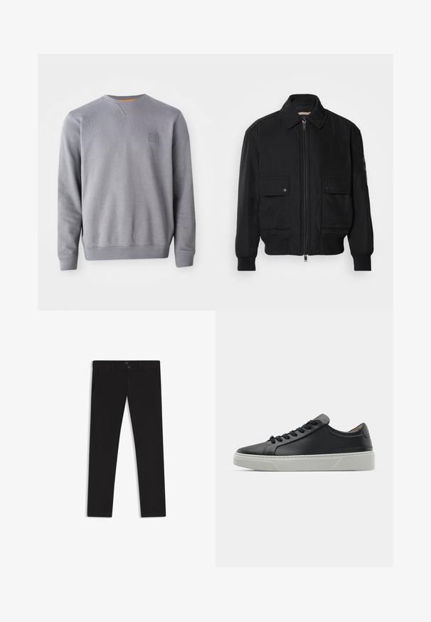 Musta pommijakku, joka on valmistettu sileästä, kevyestä kankaasta. Varusteena vetoketjukiinnitys, kaksi napillista rintataskua ja ribbattu hihansuu.; Harmaa crew-neck huppari, joka on valmistettu pehmeästä materiaalista. Varustettu ribbitetyillä hihansuilla, helmalla ja pienellä logopatchilla rinnassa. Sujuva pinta.; Mustat housut, jotka on valmistettu sileätekstiilisestä kankaasta. Varustettu nappikiinnityksellä, vyölenkeillä ja sivutaskuilla. Standardi suora lahjemalli.; Mustat nahkakengät, joissa on sileä pinta, pyöreä kärki ja mustat nauhat. Varustettu paksulla, valkoisella kumipohjalla, jossa on hienovaraisia geometrisia yksityiskohtia.