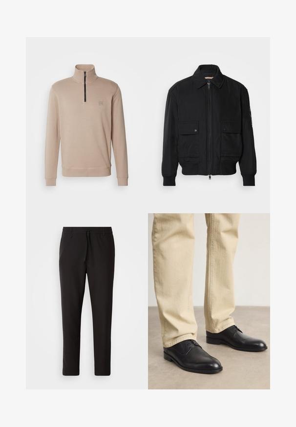 Black bomber jacket made of smooth, lightweight fabric. Features a zip front, two buttoned chest pockets, and ribbed cuffs.; BOSS ZETRUST - Sweatshirt - open brown; Black jogger pants made of smooth fabric. Feature an elastic waistband with a drawstring, tapered legs, and no visible pockets. Simple design.; Black leather lace-up shoes with a rounded toe, smooth finish, and subtle stitching details, worn with light beige pants.