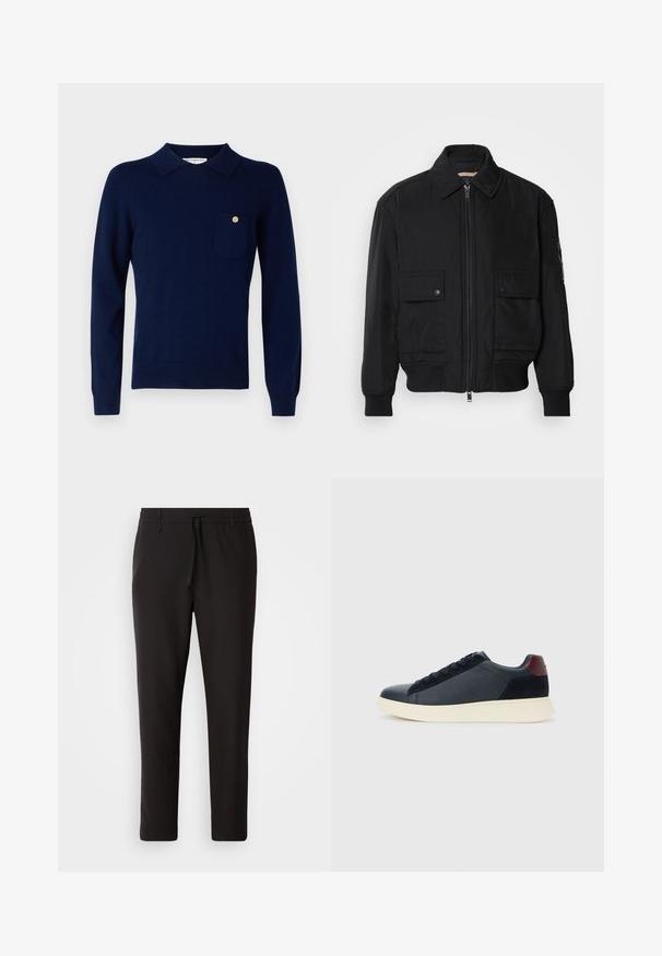 Črna bomberska jakna iz gladkega, lahkega materiala. Ima zadrgo spredaj, dva žepa na prsih s preklopom in rebraste manšete.; pure cashmere MEN SWEATER - Pulover - navy; Črne jogger hlače iz gladkega blaga. Imajo elastičen pas z vrvico, zožane hlačnice in brez vidnih žepov. Enostaven dizajn.; Nizke moške tenisice iz črnega usnja in semiša z vijoličnim petnim delom in belim gumijastim podplatom, prikazane s sprednje strani.