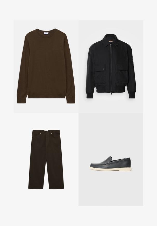 Svart bomberjacka gjord av mjukt, lättviktigt tyg. Har dragkedja fram, två knappade bröstfickor och ribbade ärmslut.; Brun långärmad tröja med rund halsringning och ribbade muddarn och nederkant, märkt Filippa K, liggande platt på vit bakgrund.; Bruna kordflorsbyxor med vida ben, med vertikal ribbad struktur, framknäppning och vanliga fickor.; Svarta läder slip-on loafers med en texturerad yta och en kontrasterande beige gummisula. Har en subtil accent längs fram.
