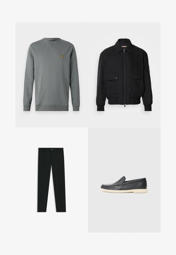 Giacca bomber nera realizzata in tessuto morbido e leggero. Caratterizzata da una chiusura con zip frontale, due tasche sul petto con bottone e polsini a costine.; Felpa grigia con maniche lunghe e collo a giro. Presenta un piccolo logo giallo sul petto sinistro. Tessuto morbido e strutturato con polsini a costine.; Pantaloni neri in tessuto lisci, con design a gamba dritta. Presentano una chiusura frontale con bottone e passanti per cintura. Senza fantasie.; Mocassini neri in pelle con finitura testurizzata e suola in gomma beige a contrasto. Presentano un accento sottile lungo la parte anteriore.