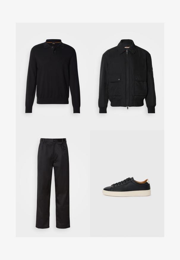 Melnā bomber jaka, izgatavota no gludas, vieglas auduma. Ar rāvējslēdzēju priekšā, diviem pogājamiem krūšu kabatām un ribotām piedurknēm.; Melns garām piedurknēm polo krekls ar apkakles kaklu, kurā ir divi pogas, ribota aproces un diskrēts logs uz krūšu apgabala. Mīksta, adīta tekstūra.; Melnas bikses, kas izgatavotas no gludas auduma, ar priekšējo pogu aizdari, krokām un taisnām kājām. Nav redzamu rakstu vai akcentu.; Melni ādas sporta apavi ar gludu tekstūru, bēša krāsas gumijas zole, auklu aizdare un kontrastējošs papēža akcents.