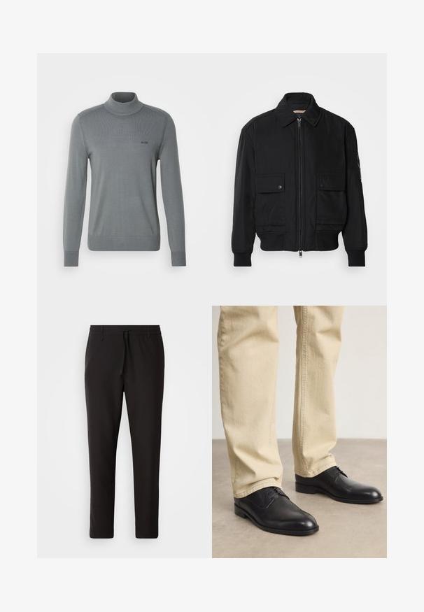 Jaqueta bomber preta feita de um tecido liso e leve. Apresenta um fecho zip à frente, dois bolsos no peito com botão e punhos canelados.; Suéter cinza com gola alta canelada, mangas longas e bainha justa. Design minimalista com um pequeno logótipo preto no peito.; Calças de jogging pretas feitas de tecido liso. Apresentam uma cintura elástica com cordão, pernas ligeiramente ajustadas e sem bolsos visíveis. Design simples.; Sapatos pretos de couro com atacadores, com bico arredondado, acabamento suave e detalhes de costura subtis, usados com calças bege claras.