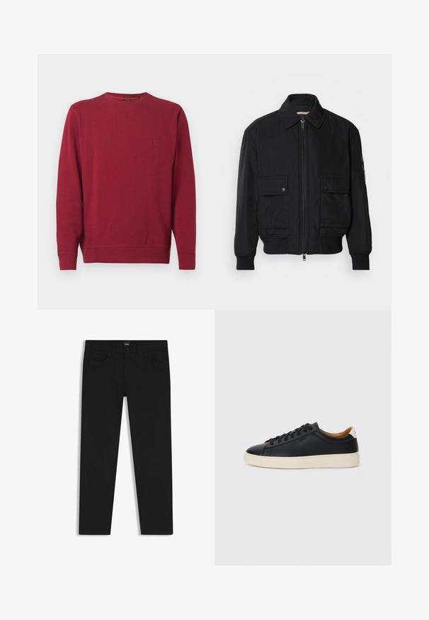 Giacca bomber nera realizzata in tessuto morbido e leggero. Caratterizzata da una chiusura con zip frontale, due tasche sul petto con bottone e polsini a costine.; Felpa rossa realizzata in tessuto morbido con scollo rotondo, maniche lunghe e una piccola toppa con logo sul petto. Texture liscia e uniforme su tutta la superficie.; Pantaloni in denim nero con taglio dritto, dotati di vita standard, cinque tasche e chiusura con bottone. Texture liscia su tutta la superficie.; Sneakers in pelle nera con una texture liscia, suola in gomma beige, design con lacci e un accento del tacco in contrasto.