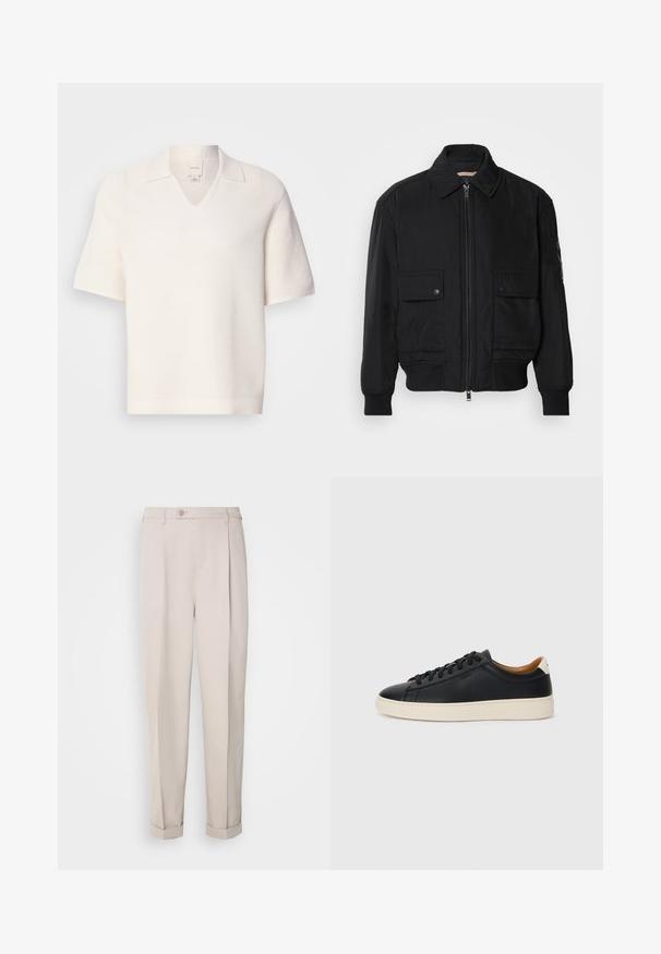 Musta pommijakku, joka on valmistettu sileästä, kevyestä kankaasta. Varusteena vetoketjukiinnitys, kaksi napillista rintataskua ja ribbattu hihansuu.; Lyhythihainen, V-kauluksinen polo rakennevalkoisessa kankaassa. Sisältää kauluksen ja hillityn ribbikuvion, joka tarjoaa jämäkän ilmeen.; Beige housut, jotka on valmistettu sileästä kankaasta, suoran istuvuuden, yksittäisen laskoksen ja käärittyjen lahkeiden kanssa. Sisältää etupainon kiinnityksen.; Mustat nahkasneakerit, joissa on sileä pinta, beige kumipohja, nauhakiinnitys ja erottuva kanta-aksentti.