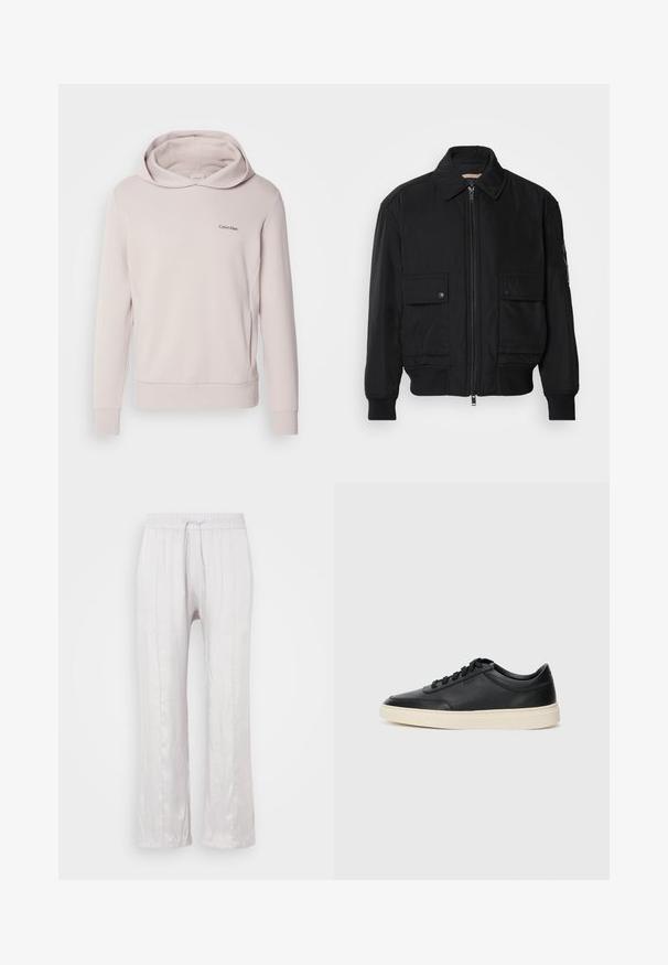 Melnā bomber jaka, izgatavota no gludas, vieglas auduma. Ar rāvējslēdzēju priekšā, diviem pogājamiem krūšu kabatām un ribotām piedurknēm.; Gaiši rozā Calvin Klein kapuce, izgatavota no maigas auduma, ar plašu kapuci, garām piedurknēm un mazu logotipu uz krūtīm.; Gaiši pelēkas, brīva piegriezuma bikses gludā audumā ar elastīgu jostasvietu un auklu. Taisnas kājas ar smalkām krokām, bez redzamām rakstām.; Melnas zemas ādas sporta kurpes ar melnām auklām un off-white zoli, rādītas no sānu profila uz baltā fona.