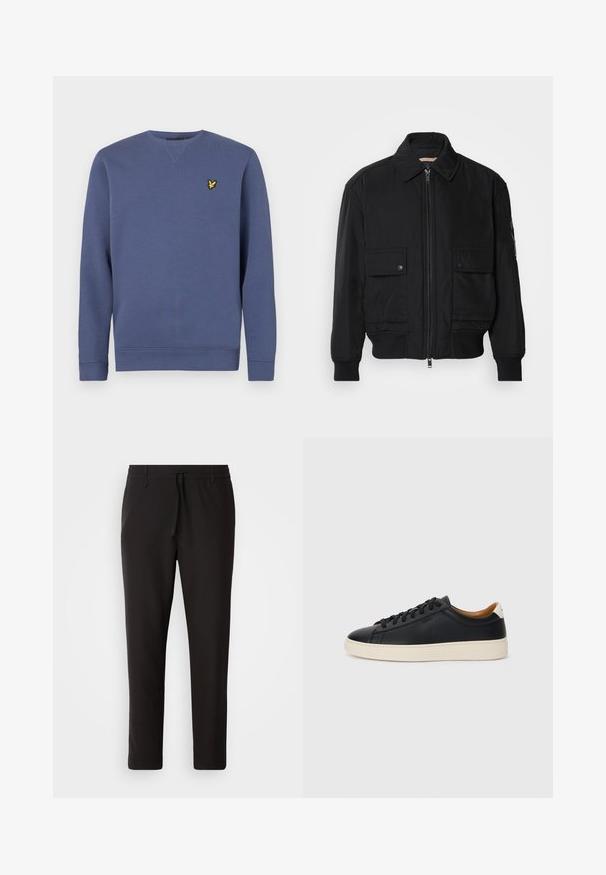 Črna bomberska jakna iz gladkega, lahkega materiala. Ima zadrgo spredaj, dva žepa na prsih s preklopom in rebraste manšete.; Modra mikica s krožnim izrezom, dolgimi rokavi, rebrastimi manšetami in majhnim rumenim logotipom na levem prsnem delu. Mehka bombažna tkanina.; Črne jogger hlače iz gladkega blaga. Imajo elastičen pas z vrvico, zožane hlačnice in brez vidnih žepov. Enostaven dizajn.; Črne usnjene superge z gladko teksturo, bež gumijastim podplatom, zavezovalnim dizajnom in kontrastnim nagibom na peti.