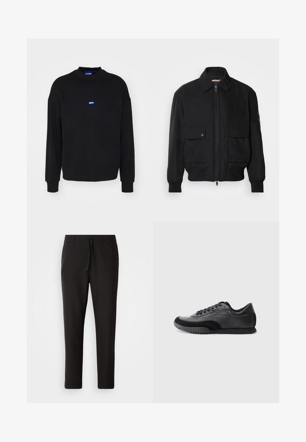 Černá bomber bunda vyrobená z hladkého, lehkého materiálu. Má zipový přední díl, dvě kapsy na hrudi s knoflíky a vroubkované manžety.; Černá mikina s dlouhými rukávy a ribbovanými manžetami. Na hrudi je umístěno malé modré logo. Vyrobena z měkkého materiálu.; Černé teplákové kalhoty vyrobené z hladké látky. Mají elastický pas se šňůrkou, zúžené nohavice a žádné viditelné kapsy. Jednoduchý design.; Černé a šedé tenisky s hladkým koženým svrškem, texturovanými akcenty, kulatou špičkou, zavazováním na šest děr a zdrsněnou gumovou podrážkou.