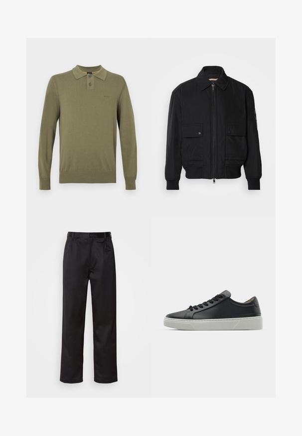 Schwarze Bomberjacke aus glattem, leichtem Stoff. Mit einem Reißverschluss vorne, zwei aufknöpfbaren Brusttaschen und gerippten Bündchen.; Olivgrünes langärmliges Poloshirt aus glattem Stoff, mit klassischem Kragen, Zweiknopf-Leiste und gerippten Bündchen und Saum.; Schwarze Hosen aus glattem Stoff, mit einem Knopfverschluss vorne, Falten und geraden Beinen. Keine sichtbaren Muster oder Akzente.; Schwarze Ledersneaker mit glatter Textur, runder Zehenform und schwarzen Schnürsenkeln. Verfügt über eine dicke, weiße Gummisohle mit subtilen geometrischen Akzenten.