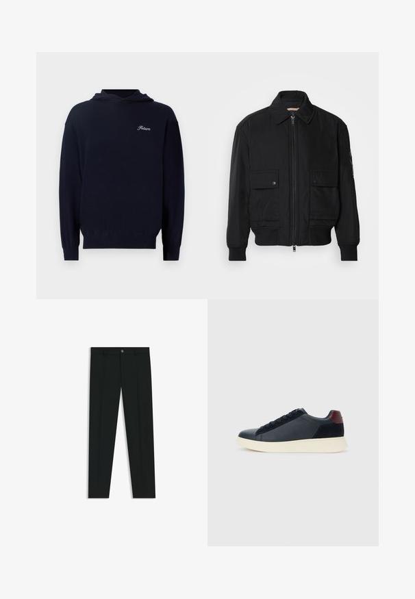 Schwarze Bomberjacke aus glattem, leichtem Stoff. Mit einem Reißverschluss vorne, zwei aufknöpfbaren Brusttaschen und gerippten Bündchen.; Marineblaue Kapuzenjacke aus weichem Stoff, mit einer Vordertasche, gerippten Bündchen und einer kleinen weißen "Future"-Stickerei auf der Brust.; Schwarze Anzughosen mit geradem Bein, aus glattem Stoff. Mit Knopfverschluss vorne und Gürtelschlaufen. Schlicht ohne Muster.; Schwarze Leder- und Wildledersneaker für Herren mit einem ziegelroten Fersenpatch und weißer Gummisohle, von der Außenseite betrachtet.