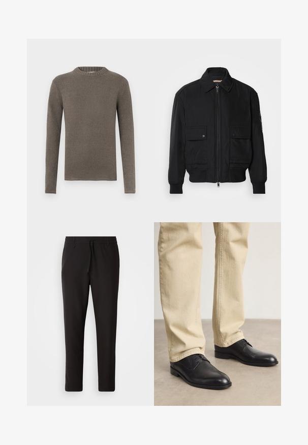 Black bomber jacket made of smooth, lightweight fabric. Features a zip front, two buttoned chest pockets, and ribbed cuffs.; Brown long-sleeve sweater with a ribbed crew neckline, made from soft, textured material. Features a simple, straight design with no patterns.; Black jogger pants made of smooth fabric. Feature an elastic waistband with a drawstring, tapered legs, and no visible pockets. Simple design.; Black leather lace-up shoes with a rounded toe, smooth finish, and subtle stitching details, worn with light beige pants.