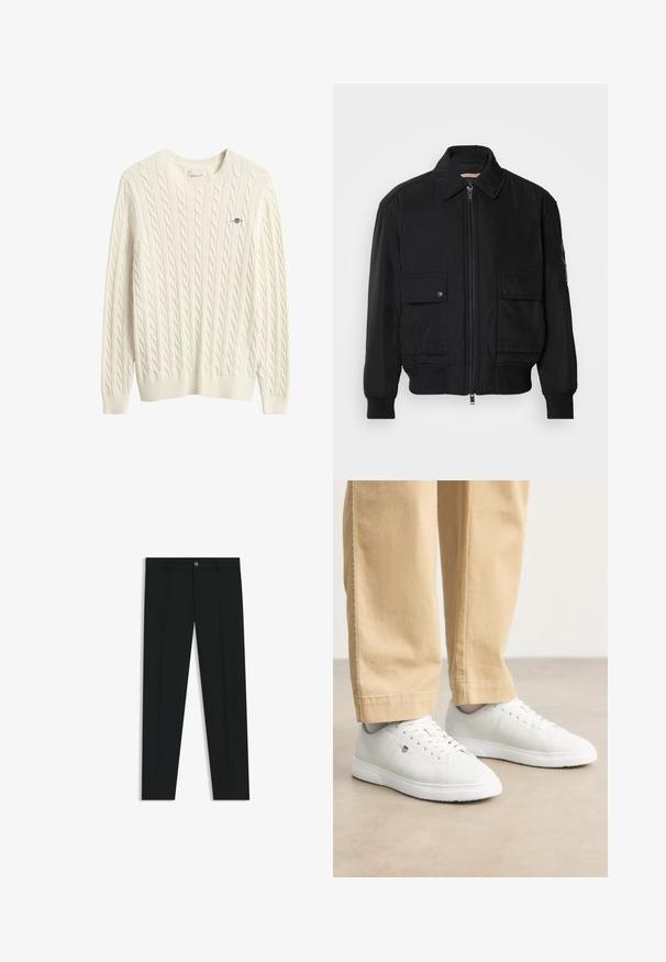 Black bomber jacket made of smooth, lightweight fabric. Features a zip front, two buttoned chest pockets, and ribbed cuffs.; Cream cable-knit sweater featuring a ribbed crew neck and hem. Small logo embroidered in blue on the chest. Soft, textured fabric.; Black dress pants with a straight-leg design, made of smooth fabric. Features a front button closure and belt loops. Plain without patterns.; White leather sneakers with a smooth finish, featuring round toe, lace-up design, and subtle logo detail on the side, paired with beige pants.