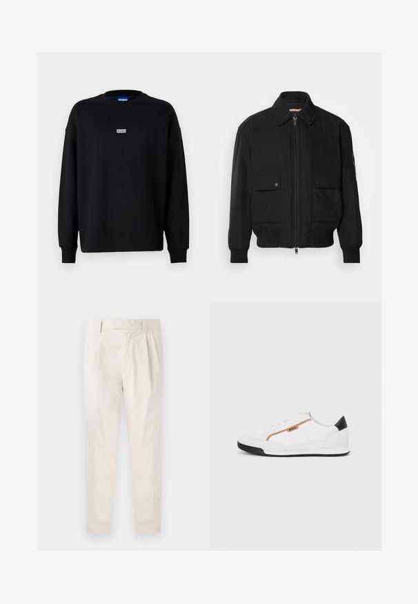Giacca bomber nera realizzata in tessuto morbido e leggero. Caratterizzata da una chiusura con zip frontale, due tasche sul petto con bottone e polsini a costine.; Felpa nera in misto cotone, con maniche lunghe, scollatura a girocollo e una piccola etichetta logo bianca sul petto.; Pantaloni bianchi plissettati con taglio su misura, caratterizzati da una texture liscia, passanti per la cintura e gambe affusolate. Nessuna tasca o motivo visibile.; Scarpe sportive bianche con accenti in rete e pelle. Presentano un logo dorato "BOSS", pannelli laterali testurizzati e un copri tallone nero. Suola in gomma.