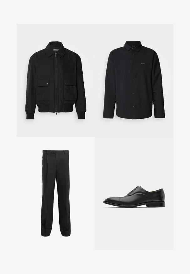 Black bomber jacket made of smooth, lightweight fabric. Features a zip front, two buttoned chest pockets, and ribbed cuffs.; Black long-sleeve shirt with a buttoned front and collar; features subtle "BOSS" logo in matching black. Smooth fabric with a tailored fit.; Black trousers with a straight-leg design, featuring pleats, a single button closure, and belt loops. Made from smooth fabric.; Black leather dress shoe with smooth texture, rounded toe, and five eyelets. Features a low stacked heel and subtle seam detailing.