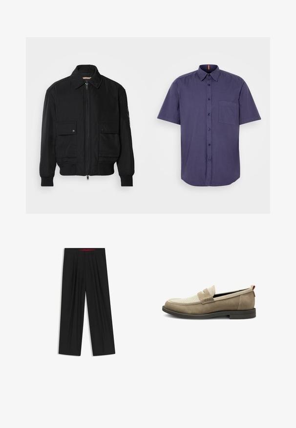 Schwarze Bomberjacke aus glattem, leichtem Stoff. Mit einem Reißverschluss vorne, zwei aufknöpfbaren Brusttaschen und gerippten Bündchen.; Kurzarmpoloshirt in Marineblau aus Baumwolle, mit einer Brusttasche und abgerundetem Saum. Hat dunkle Knöpfe und einen Kragen.; Schwarze weit geschnittene Hosen mit flachem Bund, zwei seitlichen Taschen, gefaltetem Design und einem kontrastierenden roten Innenbund.; Hellbraune Wildleder-Loafer mit einem Netzbereich im Obermaterial, rechteckigen Riemen-Details und einer strukturierten Gummisohle. Mit einem roten Akzent.