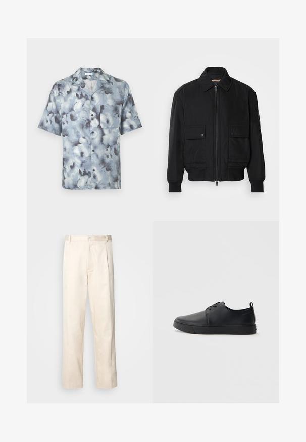 Melnā bomber jaka, izgatavota no gludas, vieglas auduma. Ar rāvējslēdzēju priekšā, diviem pogājamiem krūšu kabatām un ribotām piedurknēm.; Īss piedurkņu krekls ar pogām, izplatītu apkakli un krūšu kabatu zilgani pelēkā abstraktā mākoņu rakstā.; Bežā krāsā auduma bikses ar taisnu kāju griezumu, pievienotām pogu aizdares un priekšējiem krokām papildu detaļām.; Melnas ādas kedas ar gludu apdari, noapaļota purngala, tonāla šuvēm, auklu fronti un plakanu gumijas zoli. Cilpa pie papēža.