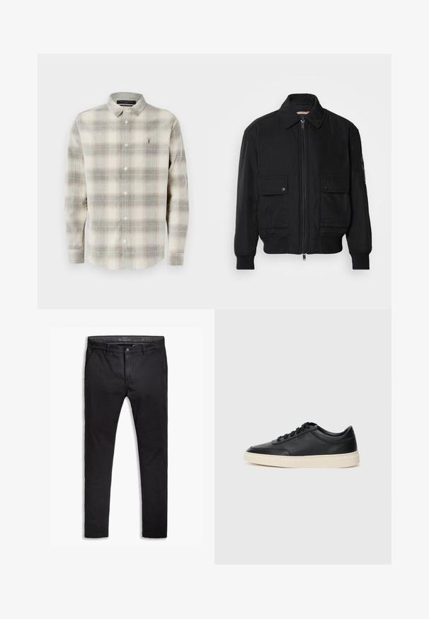 Melnā bomber jaka, izgatavota no gludas, vieglas auduma. Ar rāvējslēdzēju priekšā, diviem pogājamiem krūšu kabatām un ribotām piedurknēm.; Ilgākas piedurknes pogājama krekla ar bēša un pelēka svītraina raksta, norāvu šuvēm, un mazu izšūtu logotipu kreisajā krūtī.; Melnas kokvilnas chinos bikses ar sašaurinātu piegriezumu, piecas kabatas, jostas cilpas un gludu audumu. Ar rāvējslēdzēju un pogu aizdari.; Melnas zemas ādas sporta kurpes ar melnām auklām un off-white zoli, rādītas no sānu profila uz baltā fona.