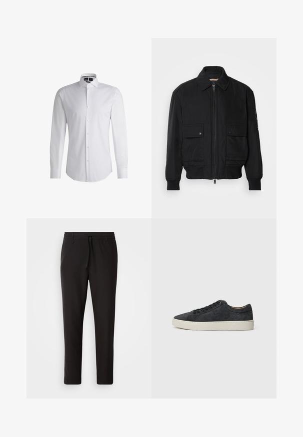 Fekete bomberdzseki sima, könnyű anyagból. Cipzáras elülső részével, két gombos mellzsebével és bordás mandzsettáival rendelkezik.; Fehér, hosszú ujjú, gombos ing, hegyes gallérral, sima anyagból készült. Jellemzője a ívelt alj és a gyöngyház gombok az elején.; Fekete jogger nadrág sima anyagból. Rugalmas derekú, húzózsinórral, tapered lábakkal és látható zsebek nélkül készül. Egyszerű dizájn.; Fekete nubuk sportcipők sima textúrával, lekerekített orral, fűzős kialakítással és kontrasztos fehér gumi talppal.