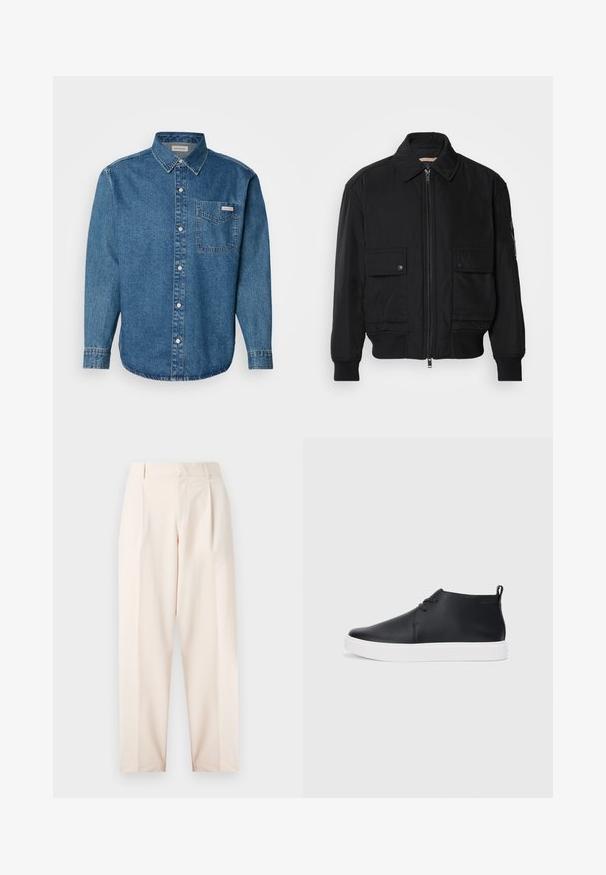 Juodas bomber stiliaus švarkas, pagamintas iš sklandaus, lengvo audinio. Su užtrauktuku priekyje, dviem kišenėmis su sagomis ant krūtinės ir guma apykaklėje.; Mėlynas džinsinis marškiniai su ilgomis rankovėmis, mygtukų susegimu, krūtinės kišeniu ir kontrastingomis siūlėmis. Audinio tekstūra lygi, turinti kasdienio stiliaus.; Bežiniai pritaikyti kelnių su didele juosmeniu, klostėmis ir tiesiu kojų dizainu. Pagaminti iš lygaus audinio, su šoninėmis kišenėmis ir švariu apdaila.; Juodi odiniai aukšti sportbačiai su lygia apdaila, balta guma padu ir paprastu raištelių dizainu. Gale yra įtempimo juostelė.