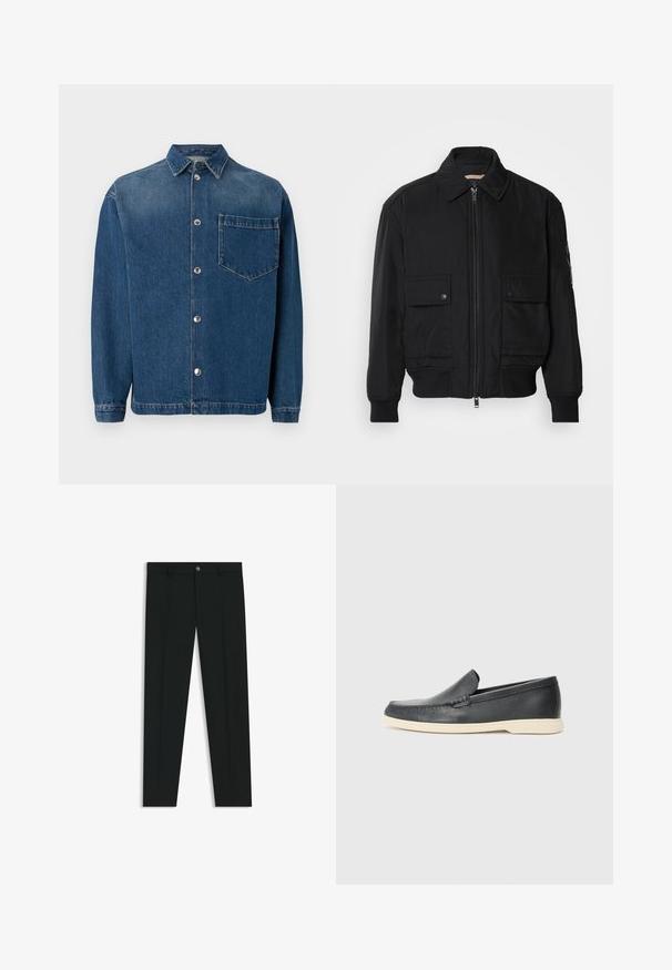 Schwarze Bomberjacke aus glattem, leichtem Stoff. Mit einem Reißverschluss vorne, zwei aufknöpfbaren Brusttaschen und gerippten Bündchen.; Dunkelblaue Denim-Hemd mit Knopfverschluss vorne, Kragen und einer einzelnen Brusttasche. Glatte Textur und klassischer Schnitt. Silberne Knöpfe als Beschläge.; Schwarze Anzughosen mit geradem Bein, aus glattem Stoff. Mit Knopfverschluss vorne und Gürtelschlaufen. Schlicht ohne Muster.; Schwarze Leder-Slipper mit strukturiertem Finish und einer kontrastierenden beige Gummisohle. Mit einem dezenten Akzent an der Vorderseite.