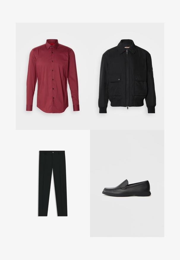 Zwarte bomberjack gemaakt van soepel, lichtgewicht materiaal. Voorzien van een ritssluiting aan de voorkant, twee knoopsluitingen op de borstzakken en geribbelde manchetten.; HUGO KENNO - Zakelijk overhemd - dark pink; Zwarte dresspants met een recht pasvorm, gemaakt van een gladde stof. Heeft een sluiting met een knoop aan de voorkant en ceintuurlussen. Effen zonder patronen.; Zwarte leren instaploafer met een textuur bovenwerk, ronde neus, lage hak en rubberen zool, weergegeven in zijprofiel op een witte achtergrond.