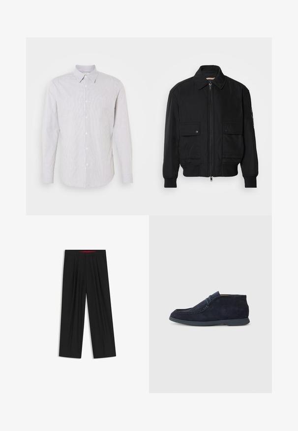 Giacca bomber nera realizzata in tessuto morbido e leggero. Caratterizzata da una chiusura con zip frontale, due tasche sul petto con bottone e polsini a costine.; Camicia a maniche lunghe con colletto di colore bianco con sottili righe blu, dotata di chiusura con bottoni e un piccolo logo sul petto.; Pantaloni neri a gamba larga con fronte piatto, due tasche laterali, design plissettato e un elastico in vita di colore rosso a contrasto.; Stivaletto chukka in suede blu navy con punta arrotondata e dettagli cuciti. Presenta una suola in gomma liscia e un design minimalista senza marchi visibili.