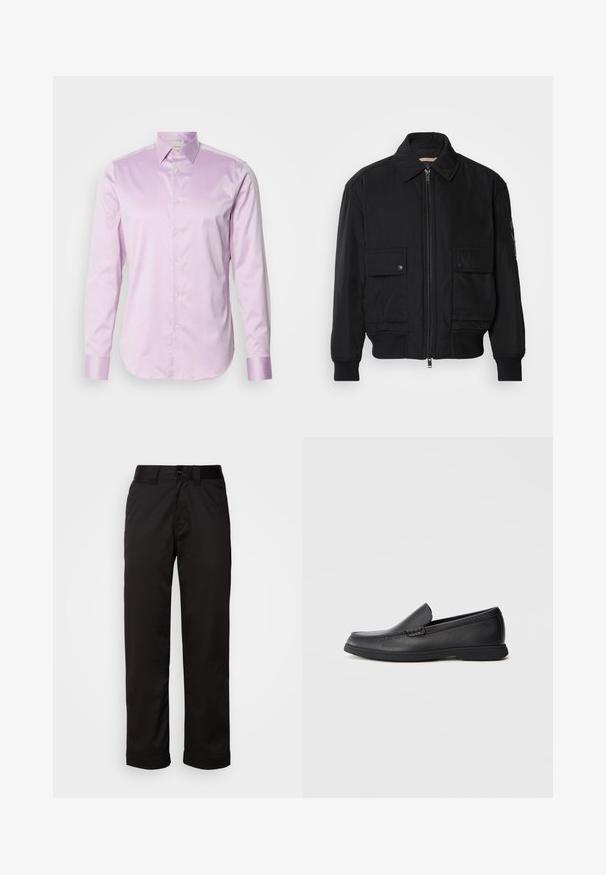 Melnā bomber jaka, izgatavota no gludas, vieglas auduma. Ar rāvējslēdzēju priekšā, diviem pogājamiem krūšu kabatām un ribotām piedurknēm.; Gai violet krāsu garām piedurknēm krekls no gludas auduma, ar pogājamām apkaklēm, pilna garuma pogām priekšā un kontrastējošiem spīdīgiem aprocēm.; Melnas bikses, izgatavotas no gluda auduma, ar rāvējslēdzēju, pogu aizdari un sarullētām piedurknēm ikdienejai apģērbam.; Melnas ādas slip-on loafer ar teksturētu virsmu, noapaļota purngala, zemu papēdi un gumijas zoli, redzams sānskatā uz balta fona.