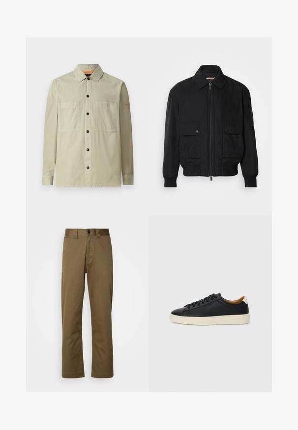 Juodas bomber stiliaus švarkas, pagamintas iš sklandaus, lengvo audinio. Su užtrauktuku priekyje, dviem kišenėmis su sagomis ant krūtinės ir guma apykaklėje.; Šviesiai žalia marškinėlių striukė iš lygaus audinio; turi dvi priekines kišenes, juodus mygtukus ir mažą logotipo aplikaciją ant rankovės.; Rudos, tiesios kojų kelnės, pagamintos iš audinio. Yra mygtukų užsegimas, šoninės kišenės ir lygus paviršius. Prigludęs siluetas.; Juodos odinės sportbačiai su lygiu paviršiumi, smėlio spalvos guminis padas, raišteliais užsegama konstrukcija ir kontrastingas kulno akcentas.