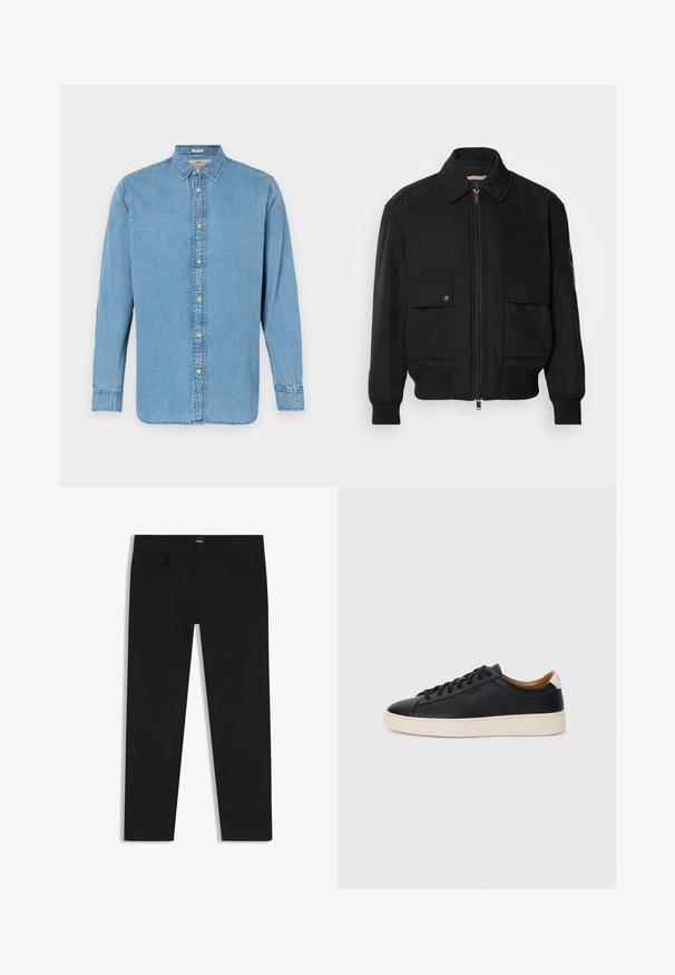 Giacca bomber nera realizzata in tessuto morbido e leggero. Caratterizzata da una chiusura con zip frontale, due tasche sul petto con bottone e polsini a costine.; Camicia in denim azzurro chiaro con chiusura a bottoni frontale, maniche lunghe, colletto classico e orlo dritto. Presenta bottoni in tonalità dorata e cuciture sottili.; Pantaloni in denim nero con taglio dritto, dotati di vita standard, cinque tasche e chiusura con bottone. Texture liscia su tutta la superficie.; Sneakers in pelle nera con una texture liscia, suola in gomma beige, design con lacci e un accento del tacco in contrasto.