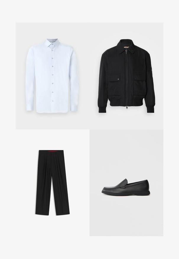 Zwarte bomberjack gemaakt van soepel, lichtgewicht materiaal. Voorzien van een ritssluiting aan de voorkant, twee knoopsluitingen op de borstzakken en geribbelde manchetten.; Lichtblauwe overhemd met lange mouwen, een puntige kraag, knoopsluiting aan de voorkant en een soepele textuur. Kenmerkt zich door zilverkleurige knoopaccenten op de sluiting.; Zwarte wijde broek met een vlakke voorkant, twee zijzakken, geplooid ontwerp en een contrasterende rode binnenband.; Zwarte leren instaploafer met een textuur bovenwerk, ronde neus, lage hak en rubberen zool, weergegeven in zijprofiel op een witte achtergrond.
