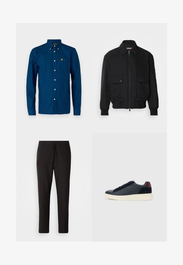 Fekete bomberdzseki sima, könnyű anyagból. Cipzáras elülső részével, két gombos mellzsebével és bordás mandzsettáival rendelkezik.; Lyle & Scott PLAIN - Ing - apres navy; Fekete jogger nadrág sima anyagból. Rugalmas derekú, húzózsinórral, tapered lábakkal és látható zsebek nélkül készül. Egyszerű dizájn.; Fekete bőr és velúr alacsony szárú férfi sneaker, bordó sarokpanellel és fehér gumi talppal, oldalnézetből.