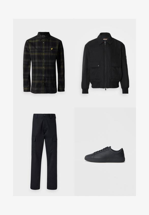 Jachetă bomber neagră, fabricată dintr-un material neted și ușor. Dispune de un fermoar frontal, două buzunare cu nasturi pe piept și manșete ribbrate.; Cămașă neagră cu mâneci lungi și butoni, cu un model de carouri galbene și gri, guler și un mic logo brodat în formă de pasăre galbenă pe piept.; Pantaloni cargo negri, fabricați dintr-un material rezistent, cu un croi dre apt, două buzunare laterale și o închidere cu button la talie.; Adidași negri din piele netedă, cu un design low-top, vârf rotund și talpă plată din cauciuc. Au șireturi și un branding subtil.