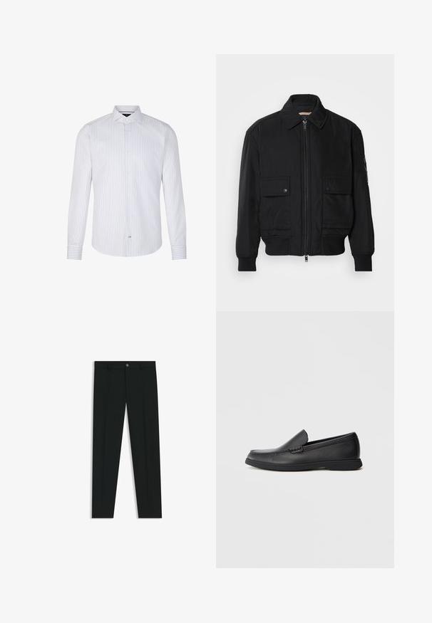 Schwarze Bomberjacke aus glattem, leichtem Stoff. Mit einem Reißverschluss vorne, zwei aufknöpfbaren Brusttaschen und gerippten Bündchen.; Weißes Langarmshirt mit hellblauen vertikalen Streifen, einem Button-Down-Kragen und Manschetten im passenden Streifenmuster.; Schwarze Anzughosen mit geradem Bein, aus glattem Stoff. Mit Knopfverschluss vorne und Gürtelschlaufen. Schlicht ohne Muster.; Schwarze Leder Slipper mit strukturiertem Obermaterial, runder Zehenform, niedrigem Absatz und Gummisohle, seitlich auf weißem Hintergrund abgebildet.