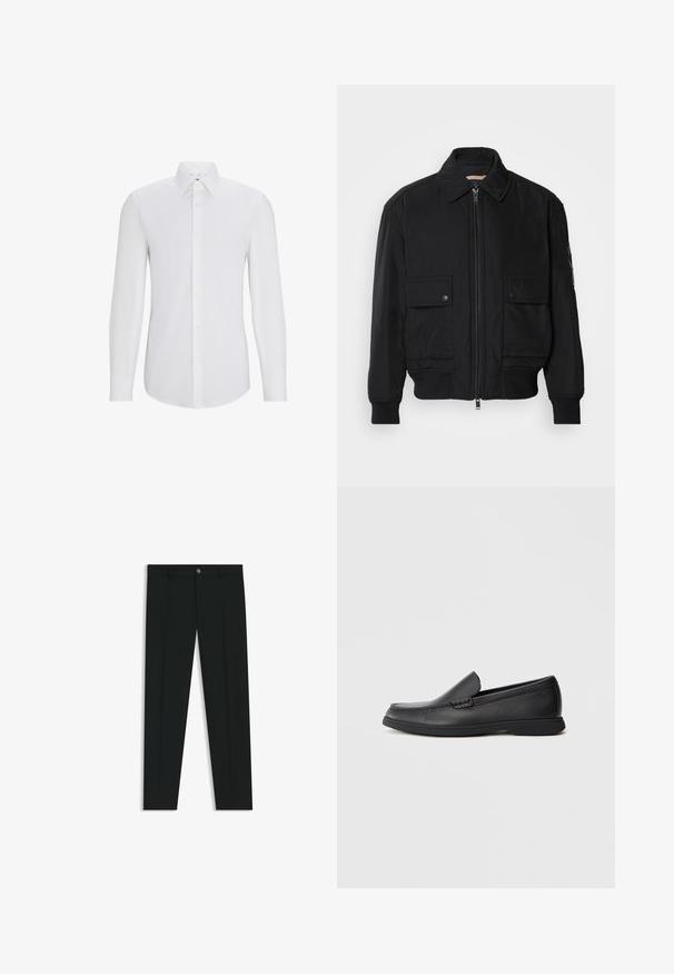 Black bomber jacket made of smooth, lightweight fabric. Features a zip front, two buttoned chest pockets, and ribbed cuffs.; Long-sleeve white dress shirt with a pointed collar, front button closure, smooth texture, and a tailored fit. No patterns or accents visible.; Black dress pants with a straight-leg design, made of smooth fabric. Features a front button closure and belt loops. Plain without patterns.; Black leather slip-on loafer with textured upper, rounded toe, low heel, and rubber sole, shown in side profile on white background.