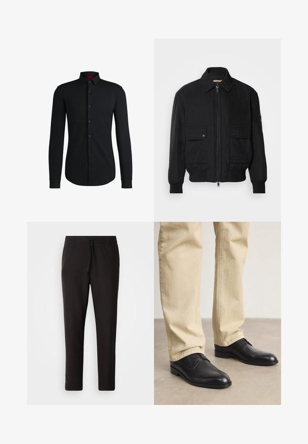 Schwarze Bomberjacke aus glattem, leichtem Stoff. Mit einem Reißverschluss vorne, zwei aufknöpfbaren Brusttaschen und gerippten Bündchen.; Schwarzes Langarmshirt mit einem button-down Kragen, glänzenden vorderen Knöpfen und strukturierter Passform, aus glattem, leichtem Stoff gefertigt.; Schwarze Jogginghose aus glattem Stoff. Mit einem elastischen Bund und Kordelzug, schmal zulaufenden Beinen und ohne sichtbare Taschen. Einfaches Design.; Schwarze Leder Schnürschuhe mit runder Zehenform, glatter Oberfläche und dezenten Nähdetails, getragen mit hellbeigen Hosen.