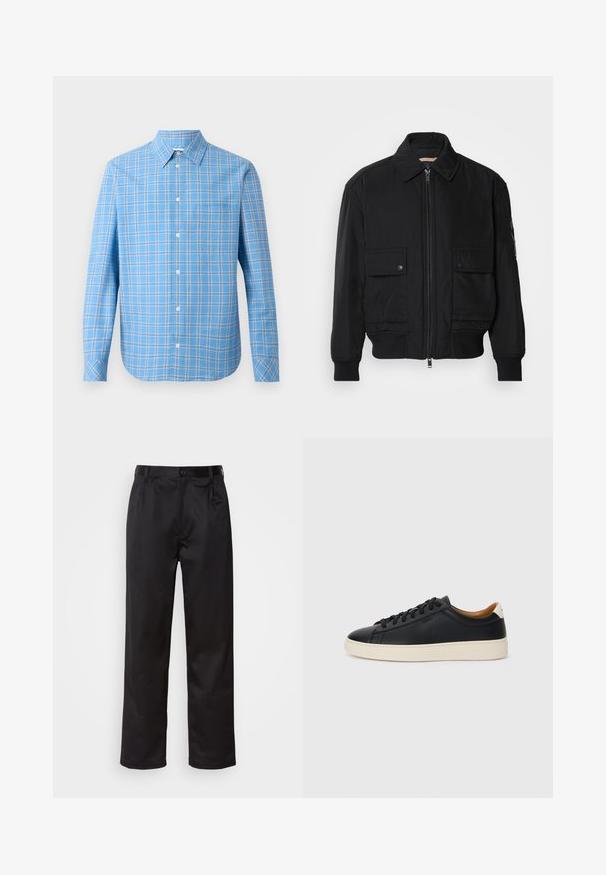 Veste bomber noire en tissu lisse et léger. Dotée d'une fermeture éclair à l'avant, de deux poches poitrines boutonnées et de poignets côtelés.; Chemise à carreaux bleu clair à manches longues, col classique et poche poitrine unique. Présente des accents de grille blancs et noirs.; Pantalon noir en tissu lisse, avec une fermeture à bouton sur le devant, des plis et des jambes droites. Aucun motif ou accent visible.; Baskets en cuir noir avec une texture lisse, semelle en caoutchouc beige, design à lacets et accent de talon contrasté.