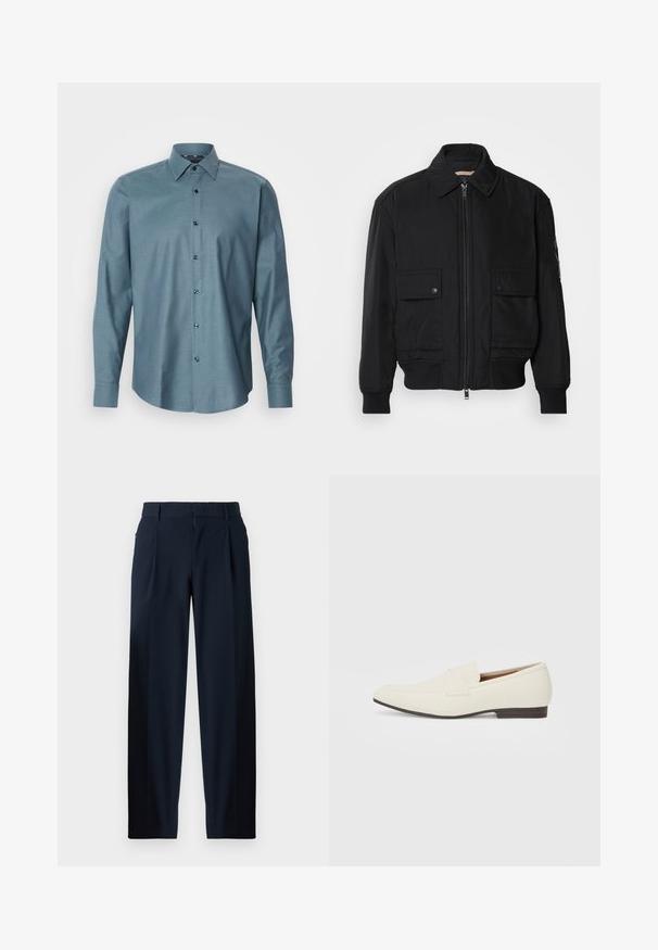 Chaqueta bomber negra de tejido suave y ligero. Cuenta con cierre de cremallera en la parte delantera, dos bolsillos en el pecho con botón y puños acanalados.; Camisa de botón de manga larga en color verde azulado con un patrón texturizado, cuello puntiagudo y botones oscuros. Presenta un ajuste tradicional y un dobladillo curvado.; Pantalones azul marino con una textura suave, diseño de pierna ancha, plisados frontales, presillas para cinturón y cierre de cremallera. Adecuados para uso formal o casual.; Mocasines beige claro con puntera puntiaguda, material suave, una correa a través del empeine y una suela baja marrón. Diseño simple con acentos mínimos.